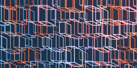 Poster - A vibrant abstract pattern of layers of repeating 3D cubes in purple, brown and blue placed on a dark blue background. The bold geometric design and contrasting colors create a striking modern visual.