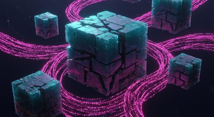 Poster - Abstract Digital Cubes Connected by Neon Pink Data Streams in a Dark Blue Void: Futuristic 3D Render