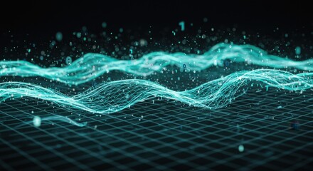 Poster - Abstract Digital Waveform Visualization: Teal Data Stream Flowing Over Grid Network