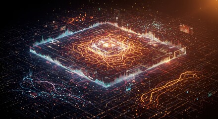 Poster - Digital Cityscape: A Glowing Network of Data Streams and Technological Pathways