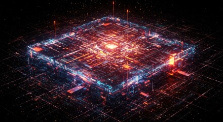 Poster - Neon Glowing Digital Cityscape Futuristic Technology Abstract 3D Render