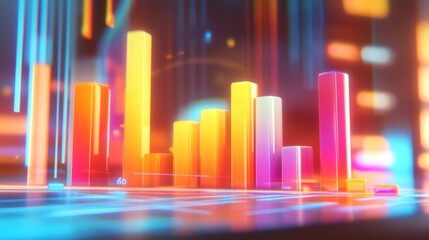 Fototapete - An animated D bar graph with bars dynamically changing heights, depicted against a digital interface backdrop, illustrating the concept of real-time data analysis.