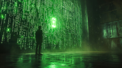 Poster - hacker in a dark room facing a wall of encrypted data, with green code