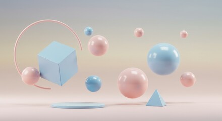 Poster - Pastel Geometric Shapes Floating in Air: Abstract 3D Render of Cubes, Spheres, and a Pyramid on a Soft Pink Background