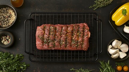 Poster - An overhead shot of a fish steak marinated in herbs and spices, resting on a grilling rack, ready to be cooked, with fresh ingredients scattered around.