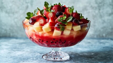 Poster - A beautifully arranged fruit salad featuring layers of juicy watermelon, cantaloupe, and strawberries, served in a clear bowl to highlight the fresh colors.