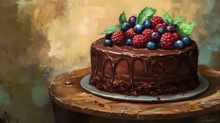 Poster - A beautifully decorated chocolate cake with rich ganache, adorned with fresh berries and mint leaves, sitting on a rustic wooden table against a soft background.