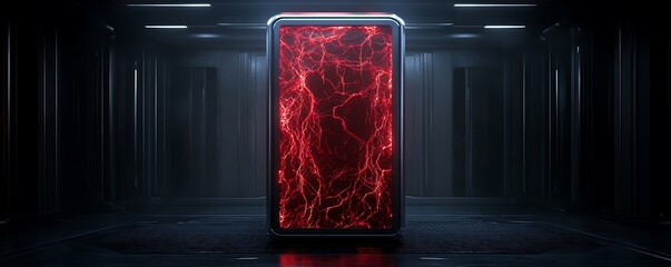 Poster - A futuristic hallway featuring a glowing red screen and enclosure