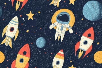 seamless pattern with cartoon space rockets astronaut planets stars