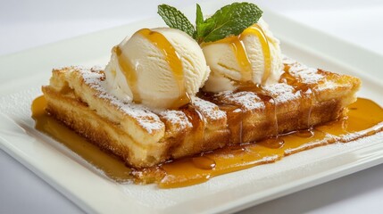 Poster - A beautifully styled plate of honey toast topped with ice cream, fresh mint, and a drizzle of honey, arranged on a white background for a fresh and modern look.