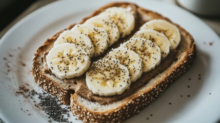 Poster - A beautifully styled shot of toasted bread with a spread of almond butter, topped with sliced bananas and chia seeds, arranged on a white plate with soft natural lighting.