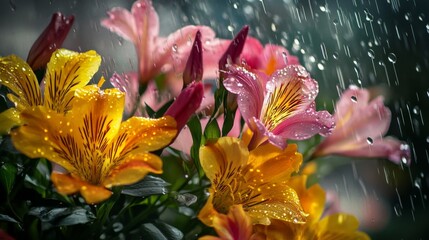 Aufkleber - A beautiful arrangement of mixed flowers with droplets of water, artistically captured on a dark background, highlighting their colors and natural beauty.
