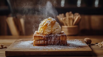 Poster - A close-up of a beautifully presented honey toast topped with a scoop of vanilla ice cream, drizzled with honey, and sprinkled with powdered sugar on a rustic wooden table.