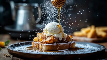 Poster - A close-up of a beautifully presented honey toast topped with a scoop of vanilla ice cream, drizzled with honey, and sprinkled with powdered sugar on a rustic wooden table.