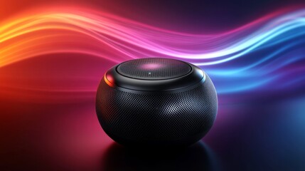 Poster - A close-up of a Bluetooth speaker emitting sound waves, placed on a vibrant background, illustrating modern audio technology's portability.