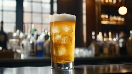 Poster - A close-up of a chilled glass of pale ale with bubbles rising to the surface, the glass slightly fogged with condensation, sitting on a bar counter.