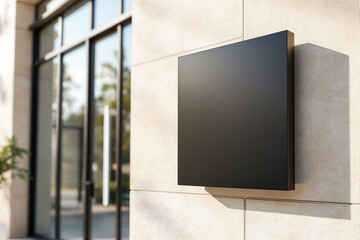 Aufkleber - Blank black square signboard mockup on beige stone wall outside modern glass building.