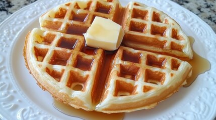 Poster - A close-up of a golden-brown waffle on a white plate, drizzled with maple syrup and a pat of melting butter. The waffle has a crispy texture and looks delicious.