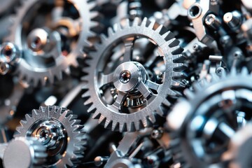 Poster - Close-up of interlocking metal gears with a reflective surface.