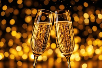 Poster - Two champagne glasses toasting against a golden bokeh background.
