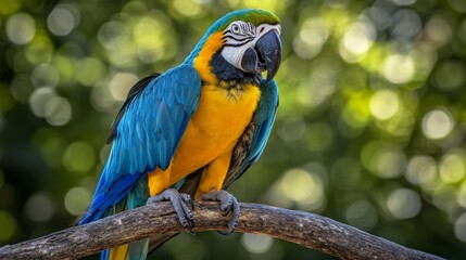 Poster - A close-up of a parrot perched on a branch, showcasing its bright feathers and playful expression against a blurred tropical background.