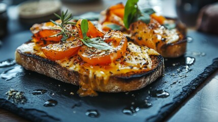 Poster - A close-up of a slice of toasted bread topped with melted cheese and herbs, served on a black slate plate, highlighting the rich textures and colors.