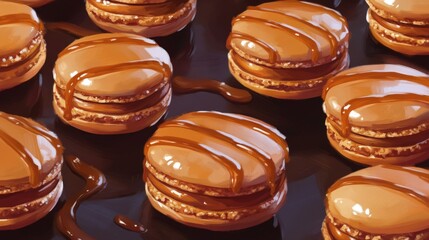 Poster - A close-up of caramel-flavored macarons with a glossy caramel drizzle on top, arranged neatly on a dark stone surface with caramel sauce swirled around.