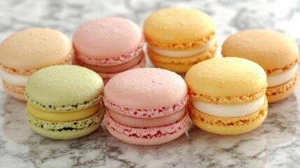 Poster - A close-up of colorful macarons in pastel shades of pink, yellow, and green, arranged in a neat row on a marble background, showcasing their delicate texture.
