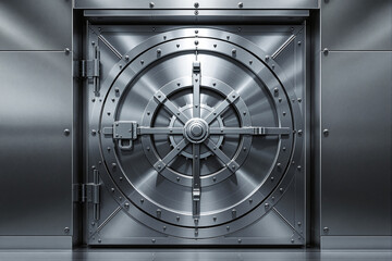 Poster - Heavy steel bank vault door with intricate locking mechanism and metallic finish.