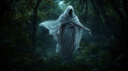 Aufkleber - Mysterious spirit encounter in enchanted forest dark fantasy art ethereal atmosphere captivating view
