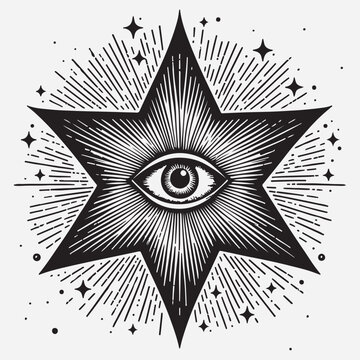 Star with prediction eye, occult and esoteric tarot magic symbol. Hand drawn vector