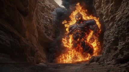 Poster - Epic fire monster emerges from canyon depths desert landscape 3d art dramatic environment close-up view fantasy concept