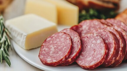 Poster - A close-up of sliced sausage links placed on a white plate, revealing the juicy interior, with fresh bread and cheese in the background for a delicious pairing.