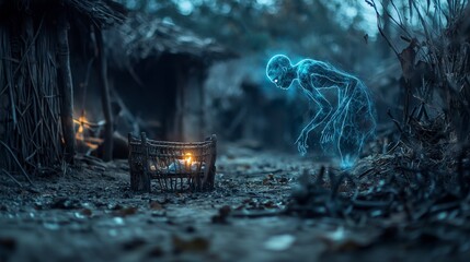 Wall Mural - Ghostly encounter with ancient spirit in village dark forest fantasy art enchanted atmosphere mysterious perspective