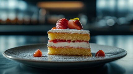 Poster - A close-up shot of a slice of vanilla cake layered with cream and strawberries, revealing its moist texture, set on a delicate porcelain plate.