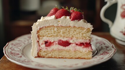 Poster - A close-up shot of a slice of vanilla cake layered with cream and strawberries, revealing its moist texture, set on a delicate porcelain plate.