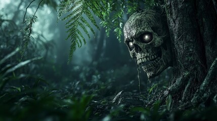 Wall Mural - Ominous shadow emerges in dark jungle clearing mysterious skull discovery nature eerie atmosphere close-up adventure