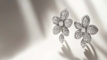Poster - A close-up view of dazzling diamond earrings with a floral design, highlighted against a white background, showcasing their intricate craftsmanship.