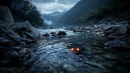 Poster - Moonlit adventure rocky korean riverbed exploration nature photography nighttime serenity mystical scene