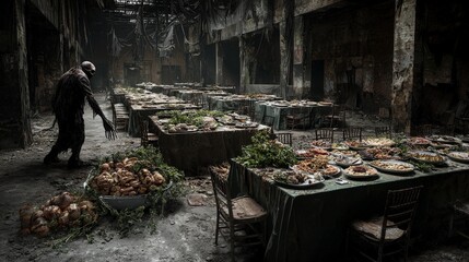 Aufkleber - abandoned feast a desolate dining hall post-apocalyptic scene urban decay eerie atmosphere dramatic 
