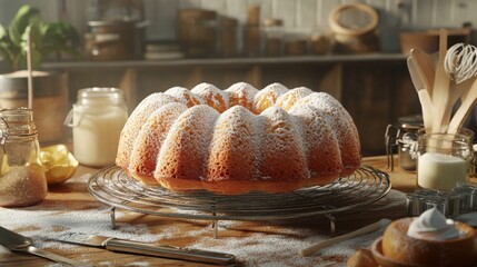 Poster - A cozy scene of a homemade cake cooling on a wire rack, with ingredients and baking tools scattered around, capturing the essence of baking.