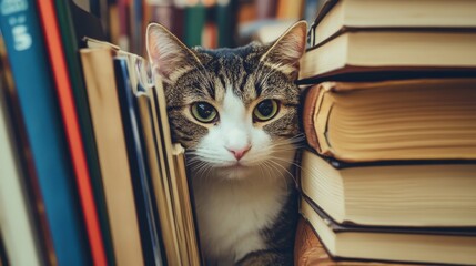 Poster - A cute fat cat peeking out from behind a stack of books, its curious expression and fluffy body creating a whimsical and cozy indoor scene.