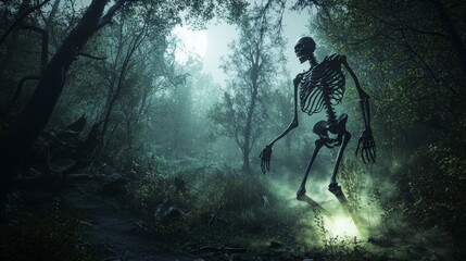 Aufkleber - Mysterious skeleton emerges from shadows enchanted forest night scene ethereal atmosphere low angle haunting presence