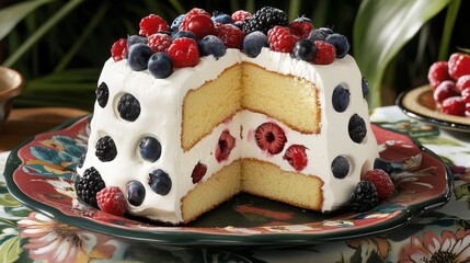 Aufkleber - A delightful sponge cake filled with whipped cream and berries, sliced to reveal the layers, sitting on a floral-patterned tablecloth for a charming presentation.