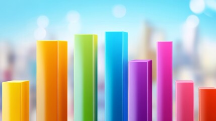 Poster - A dynamic business bar graph illustrating company growth, featuring vibrant bars with upward trends, set against a blurred cityscape background for a corporate vibe.