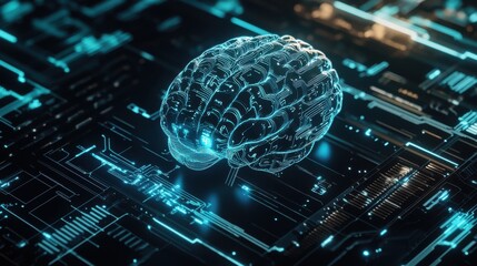 Poster - A digital representation of a brain overlaid on a circuit board, symbolizing artificial intelligence and advanced technology.