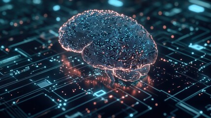 Poster - A futuristic digital brain model sits on a glowing circuit board, symbolizing advanced technology and artificial intelligence.