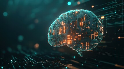 Poster - A digital representation of a brain made of circuit patterns, illuminated with glowing elements, symbolizing technology and artificial intelligence.