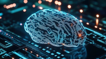 Poster - A digital representation of a brain, illuminated with circuitry patterns, set against a high-tech background, symbolizing artificial intelligence and technology.