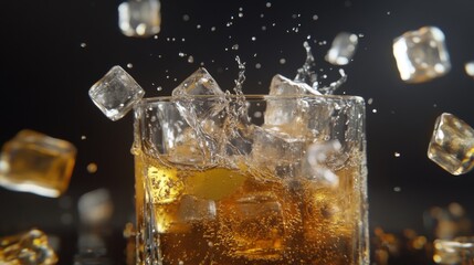 Poster - A dynamic shot of ice cubes splashing into a glass of lemonade, capturing the lively movement and the refreshing nature of the drink, ideal for summer heat.